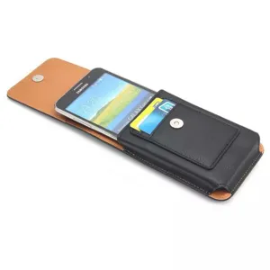 Black leather universal phone holster with card slot and magnetic closure for daily use detail.