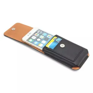 Close-up detail of the black leather waist phone holster showing card slots and magnetic lock.