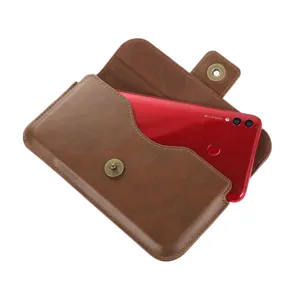 Étui ceinture téléphone en cuir marron homme pochette horizontale avec bouton pression