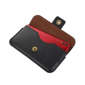 Etui housse de telephone portable horizontal en cuir pour hommes avec bouton pression utile.