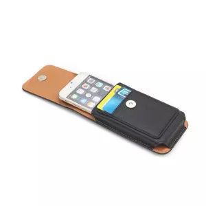 Universal leather phone holster with card slot and magnetic closure for smartphones.