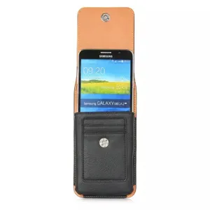 Universal leather phone holster waist pouch with card slots and rotating clip for smartphones.