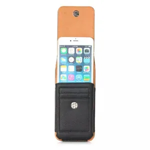 Universal vertical PU leather phone holster pouch with card slot and magnetic snap closure.