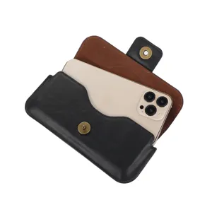 Étui de téléphone en cuir noir pour homme pochette de ceinture horizontale avec bouton-pression.