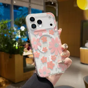 Transparante bloemrijke MagSafe telefoonhoes met magnetische ring, schokbestendige hoes voor iPhone.