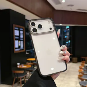 Detail view of transparent phone case with metal buttons, clear back design for iPhone.