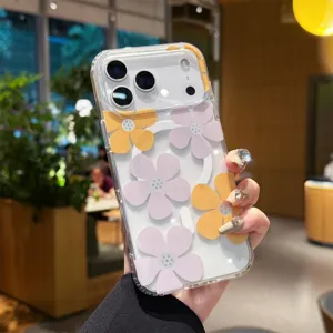 Gedetailleerd overzicht van het heldere magnetische hoesje met schattige roze en gele bloemen.