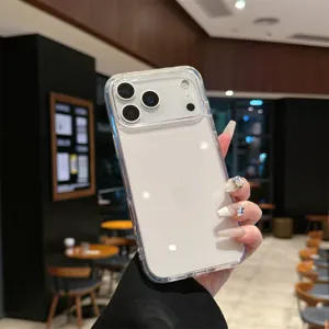 Clear transparent phone case detail view showing metal buttons and drop protection for iPhone.