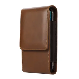 Detailed view of brown vintage leather vertical phone holster with elastic band and flap.