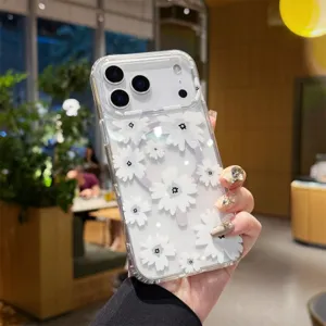 Gedetailleerd uitzicht op het doorzichtige hoesje met witte bloemmotieven en magneetring.