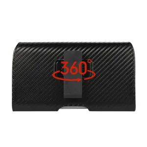 Detail of black carbon fiber phone holster, belt clip design, 360 degree rotation view.