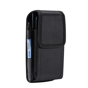 Black Oxford cloth vertical dual phone waist holster pouch with belt loop and pen holder.