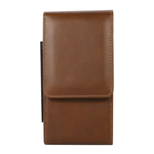 Vertical brown leather phone holster for 6.7 inch smartphones, business retro belt pouch case.