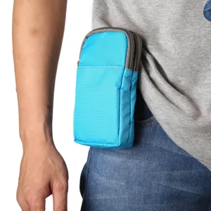 Blue canvas phone waist bag with double zippers, perfect for outdoor sports and daily use.