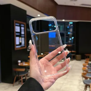 Clear transparent phone case detail shot, showing precise cutouts and premium metal buttons.