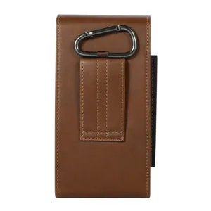 Vintage vertical PU leather phone holster with metal carabiner and belt loop for 6.7 inch