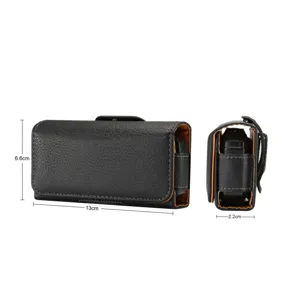 Étui de téléphone en cuir motif litchi noir sac banane horizontal pour téléphone.