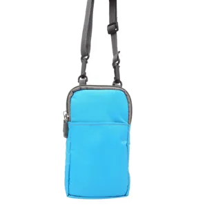 Blue canvas phone cross body bag with adjustable strap and secure zipper closure.