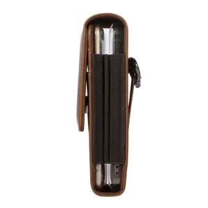 Brown vertical leather phone holster pouch detail side view showing dual slot and elastic.
