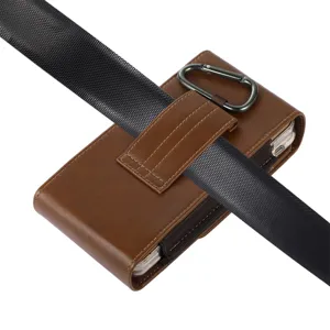 Brown leather vertical phone holster detail showing sturdy belt loop and metal carabiner clip.