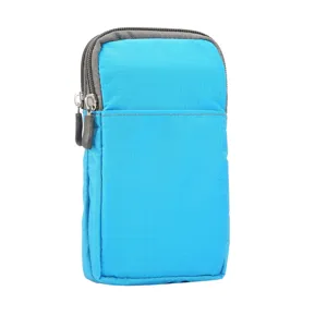 Universal blue canvas phone waist bag detail view, multi-layer zipper pocket for 6.9 inch smartphone