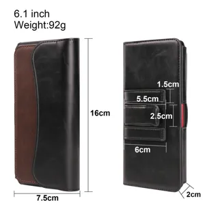 Leather vertical phone holster belt pouch with dimensions and weight specs detail view
