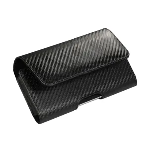 Carbon fiber texture phone holster detail view, durable belt clip design for secure daily carrying.