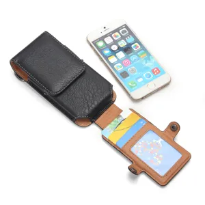 Universal vertical leather phone holster with card slots and belt loop for smartphone.