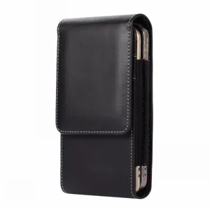 Black PU leather universal double layer phone holster detail view, belt loop tactical pouch.