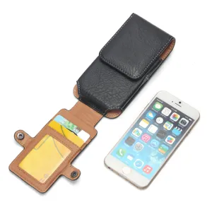 Vertical leather phone holster with card slot and belt loop for outdoor daily use black.