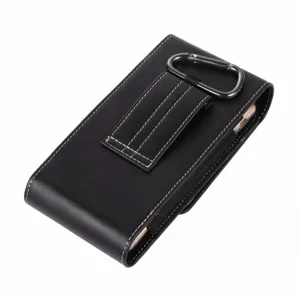Detailed view of black PU leather phone holster with belt loop and carabiner hook.