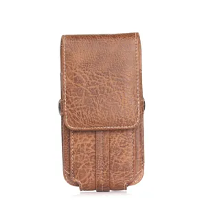 Brown PU leather vertical phone holster pouch for belt with secure closure design case.