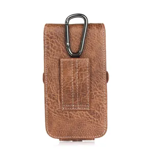 Brown faux leather vertical phone holster pouch with belt clip and carabiner hook detail.