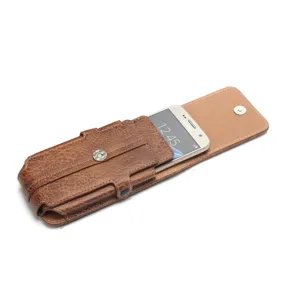 Vertical brown stone pattern leather phone holster waist pouch with magnetic closure.