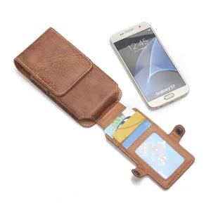 Brown leather vertical phone holster with card slots and ID window for large smartphones.