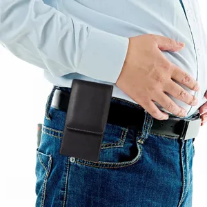 Detail shot showing the brown PU leather phone pouch worn on a belt for easy daily access.