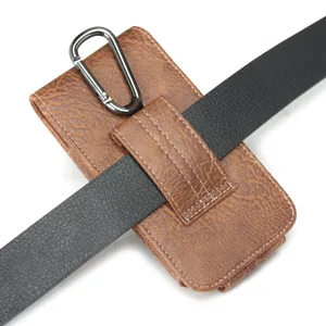 Brown leather vertical phone holster with belt loop and carabiner for mobile phones detail shot