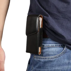 Black leather phone waist holster with belt clip, universal large size for smartphone carrier.