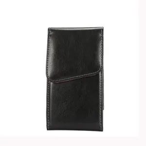 Black leather phone waist bag detail view, durable belt holster case for large smartphones.