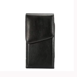 Black leather vertical phone holster pouch with belt clip and magnetic closure close-up.