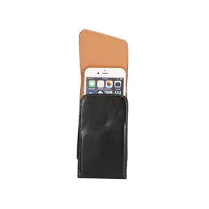 Black leather vertical phone holster with belt clip detail and secure flap closure display.