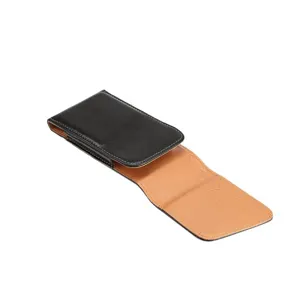 Black leather phone holster detail view, belt clip design, soft inner lining and fine stitches.