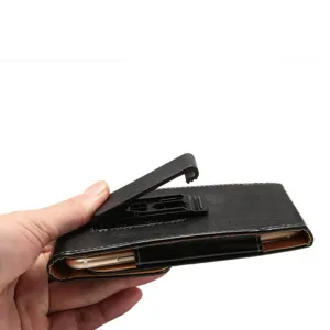 Detailed close-up view of black leather phone holster with a sturdy rotating belt clip.