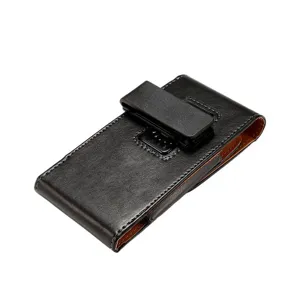 Detailed view of black leather universal phone holster with rotating belt clip for big smartphones.