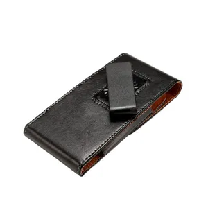 Black leather phone holster case belt clip detail view, universal large protective pouch.