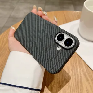 Carbon fiber texture phone case detail showcasing precise camera cutouts and magnetic backing.
