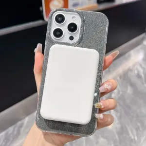 Detail view of a glitter transparent phone case with magnetic power bank compatibility for iPhone.