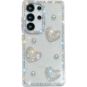 Sparkling rhinestone pearl phone case for Samsung S26 Ultra, transparent glitter back cover.