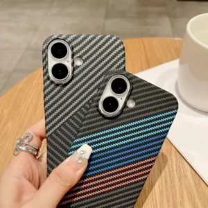 Carbon fiber texture phone case with classic three-color stripes detail view and protection.