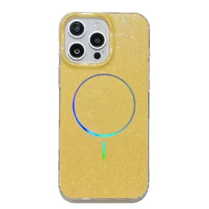 Gold glitter MagSafe phone case for iPhone, luxury sparkly protective back cover with magnetic ring.